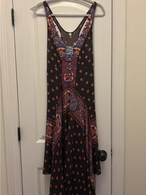Free People Black Maxi Dress with Orange & Blue Paisley Accents